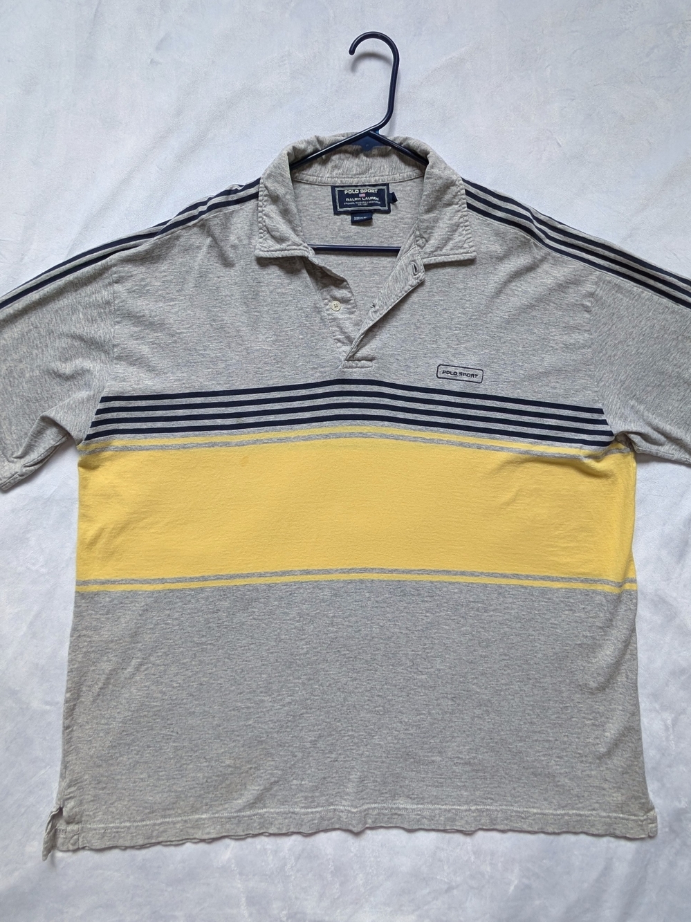 Vintage Polo Sport Ralph Lauren XL Polo Shirt Striped Gray Yellow Buttons Collar